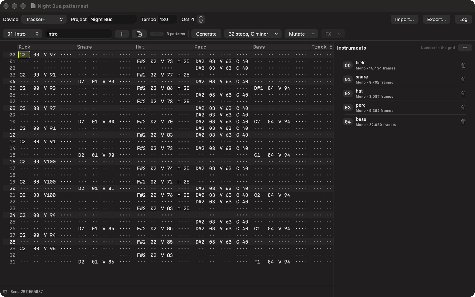 Patternaut showing a generated pattern: kick, snare, hat, percussion and bass
                    across a tracker grid, with the loaded samples listed beside it.